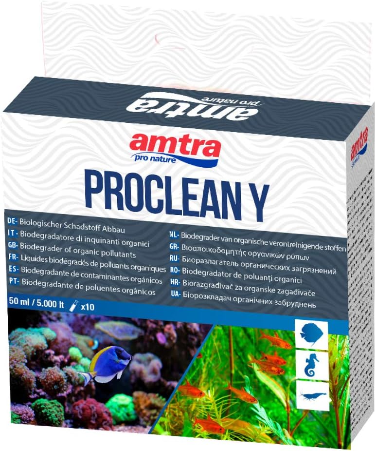 AMTRA PROCLEAN Y - biodegrader of organic pollutants in fresh and marine water aquariums, natural water purifier for aquariums. Format 10 vials x 5 ml