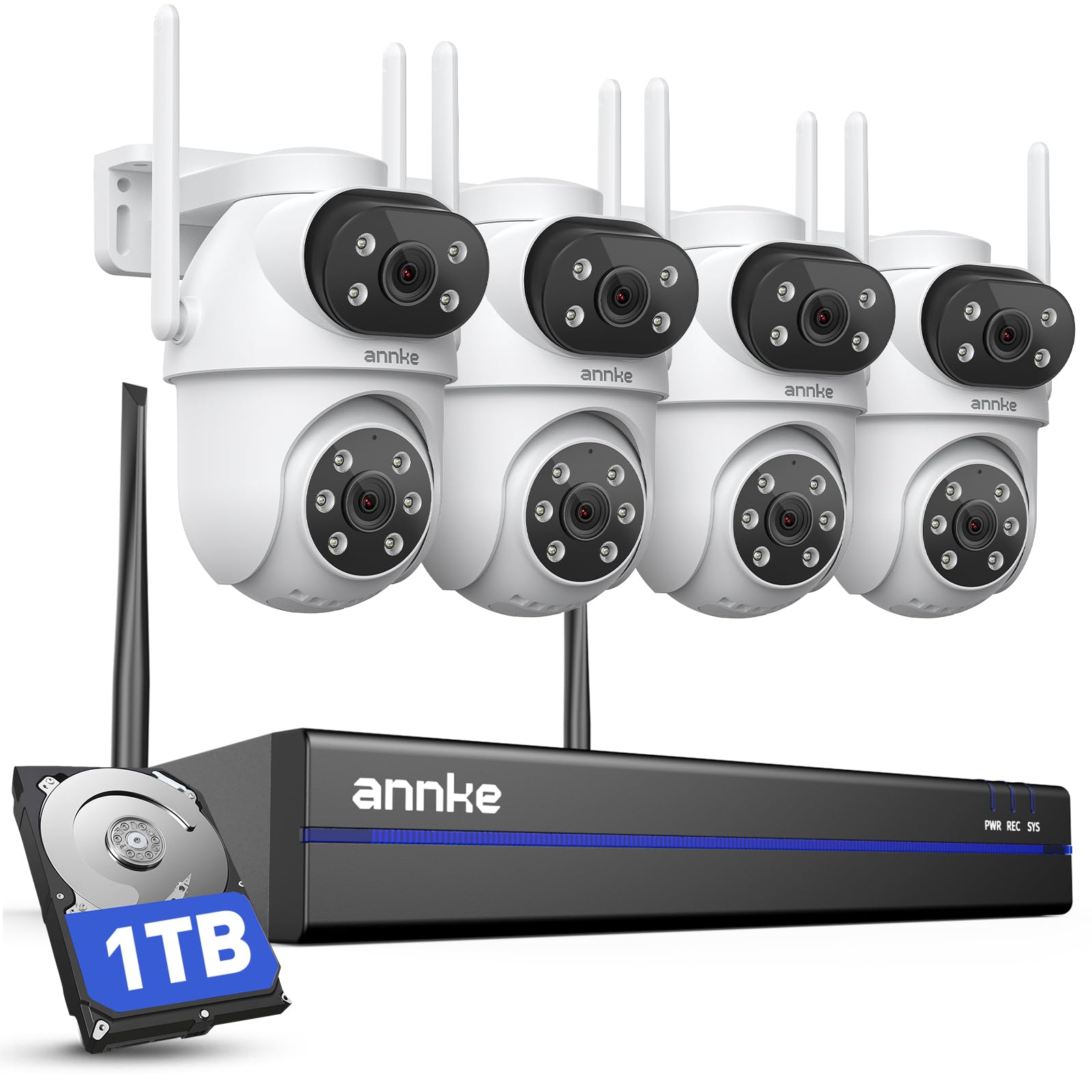 ANNKE Wireless Security Camera System, 4K NVR, 4 Dual-Lens PT Cams, 1TB HDD | 10CH NVR& 4MP Cameras (Need Plug in), 350°Pan & 90°Tilt, Auto Tracking, Two-Way Audio, Human Detection, No Subscription Fees