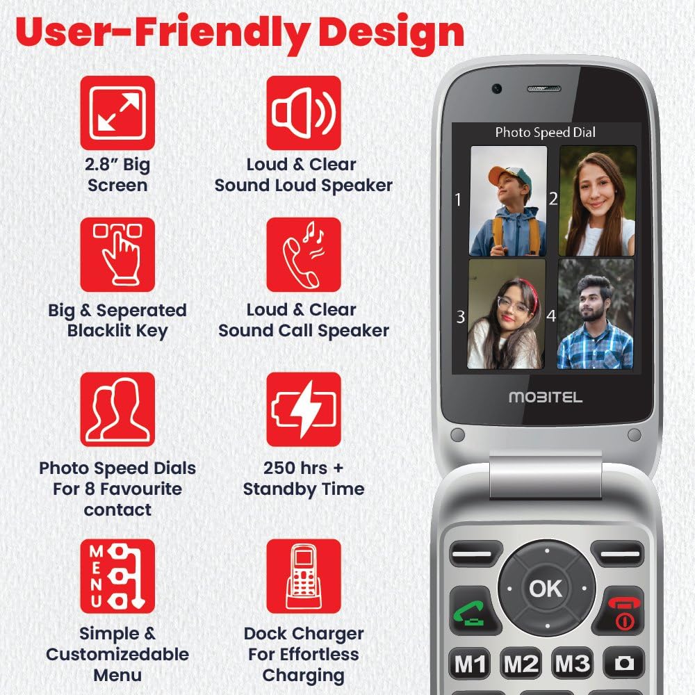 Mobitel 8010 - Teléfono móvil para personas mayores con botón grande para ancianos, 4G, SIM, desbloqueado, botón de emergencia SOS, 1400 mAh, larga espera, altavoz fuerte fácil de usar, base de carga