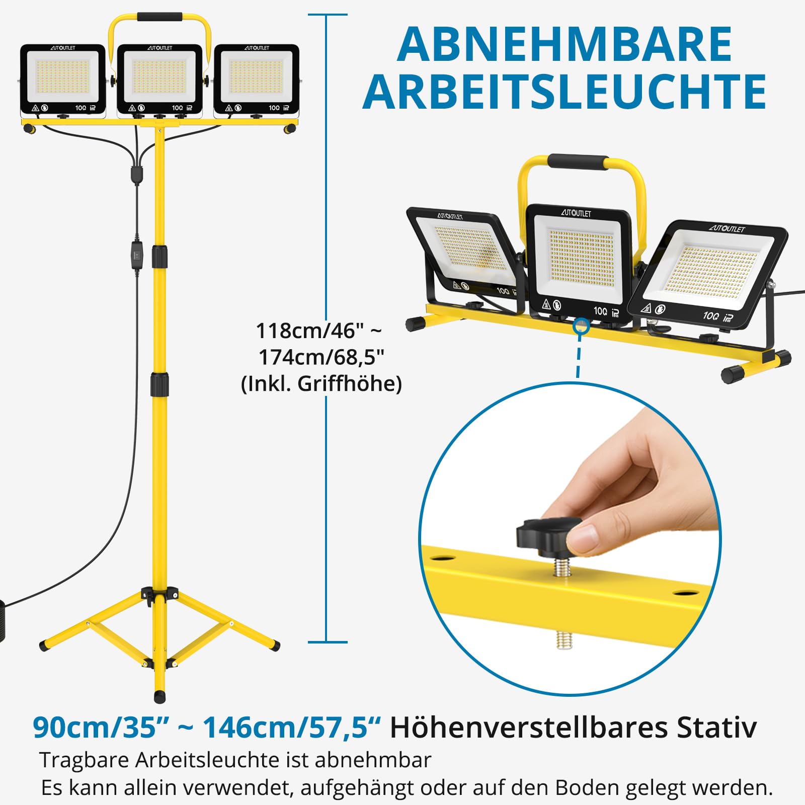 AUTOUTLET Baustrahler LED mit Stativ 300W, 3 Farbtemperaturmodi & 5M Kabel | 27000LM Baulampe, 3000K/5000K/6500K, 118-174cm Höhenverstellbar Stativ, IP66 Wasserdicht, Abnehmbar, für Garage Baustelle