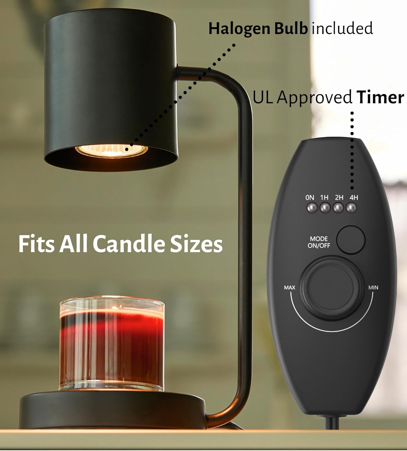Cozyberry® Querencia™ Candle Warmer Lamp, 1-, 2-, 4-Hour Timer, 2 x Bulbs Included, Compatible with All Candles, Candle Lamp, 110-120V, Dimmable Candle Melter, Small & Large Size Jar Candles (Black)