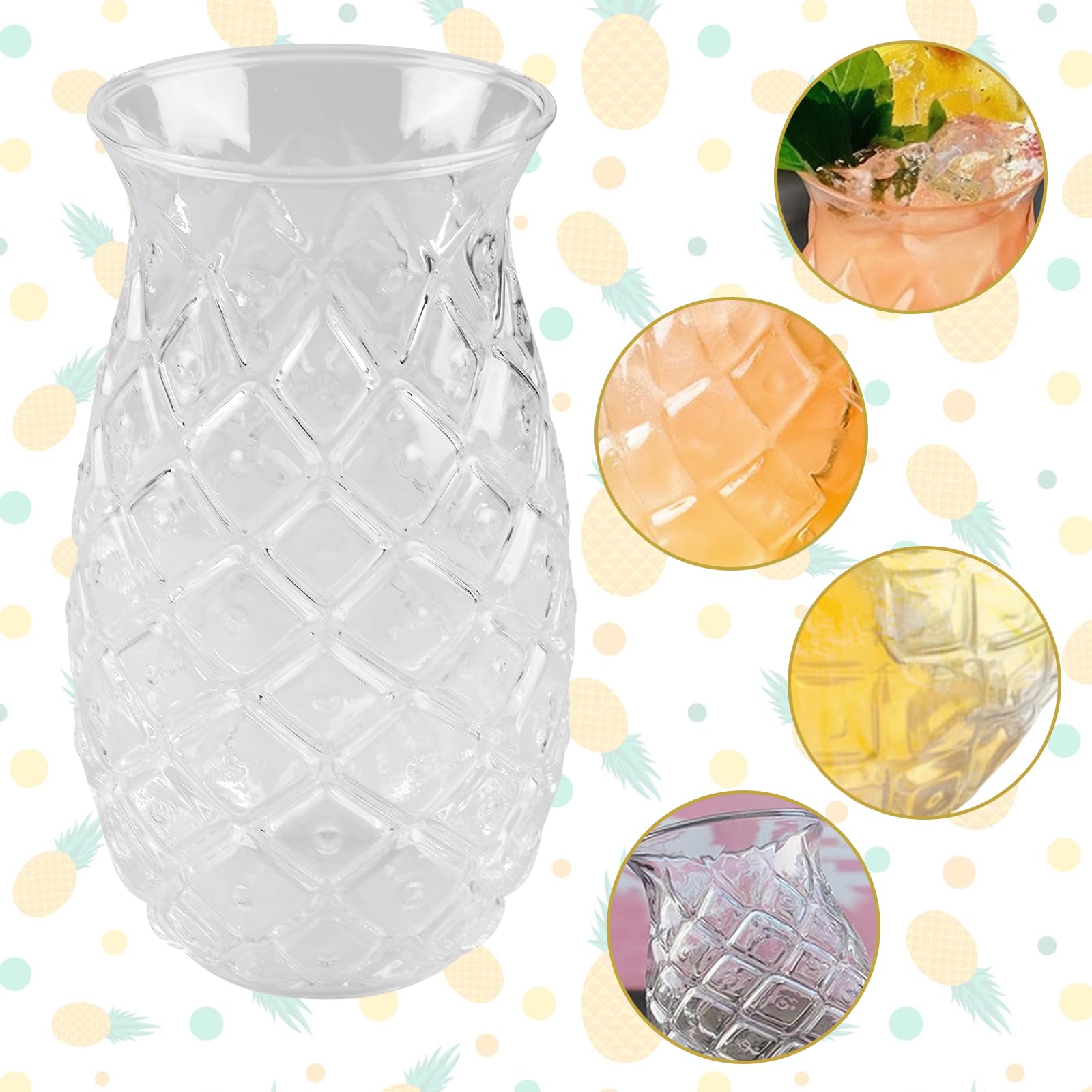 Set di 4 bicchieri di ananas: 400 ml, trasparenti da cocktail con rilievo di ananas, riutilizzabili, per feste, succhi di frutta, long drink, trasparenti in estate, perfetti per casa,