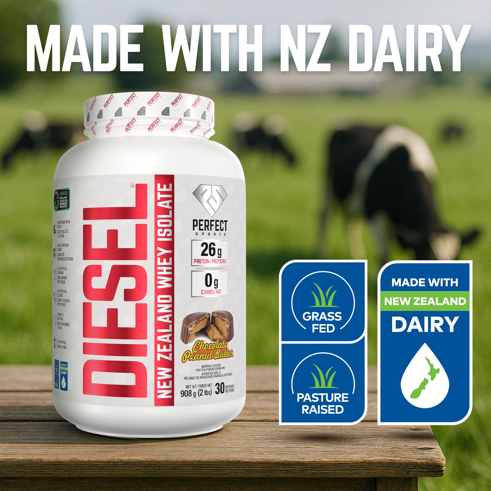 DIESEL New Zealand Whey Protéine Isolate Nourri à l'Herbe/Stevia Sucré/Aromatisé au Beurre d'Arachide au Chocolat 908 g