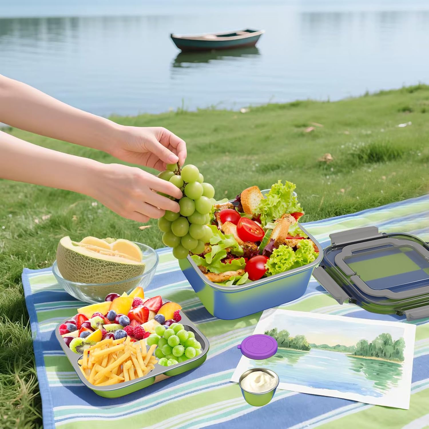 Salad Container for Lunch Large-60-oz,3 Compartment Bento-Style Tray and 1.5-oz Salad Dressings Container,Stainless Steel Food Containers with Lids, Lunch Box, Bento Box (Grey) - Image 4