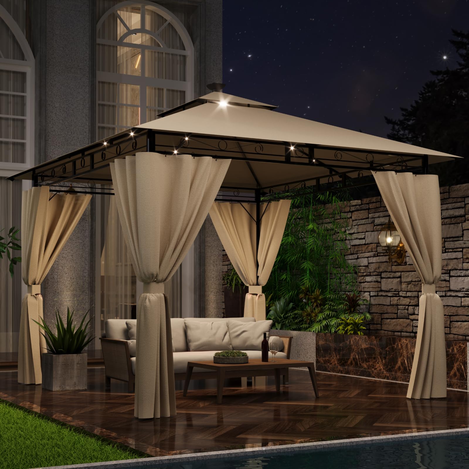 TRIUMPHKEY Gazebo 3x3 Impermeabile a Prova di Freddo,Gazebo da Giardino con Struttura in Metallo,Gazebos da Patio,Beige