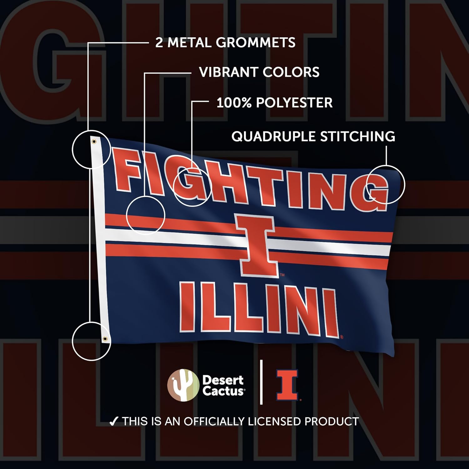 Desert Cactus University of Illinois Flag - 3 x 5 Feet Fighting Illini U of I Banner, Indoor/Outdoor Durable Fabric Display (Style I1)