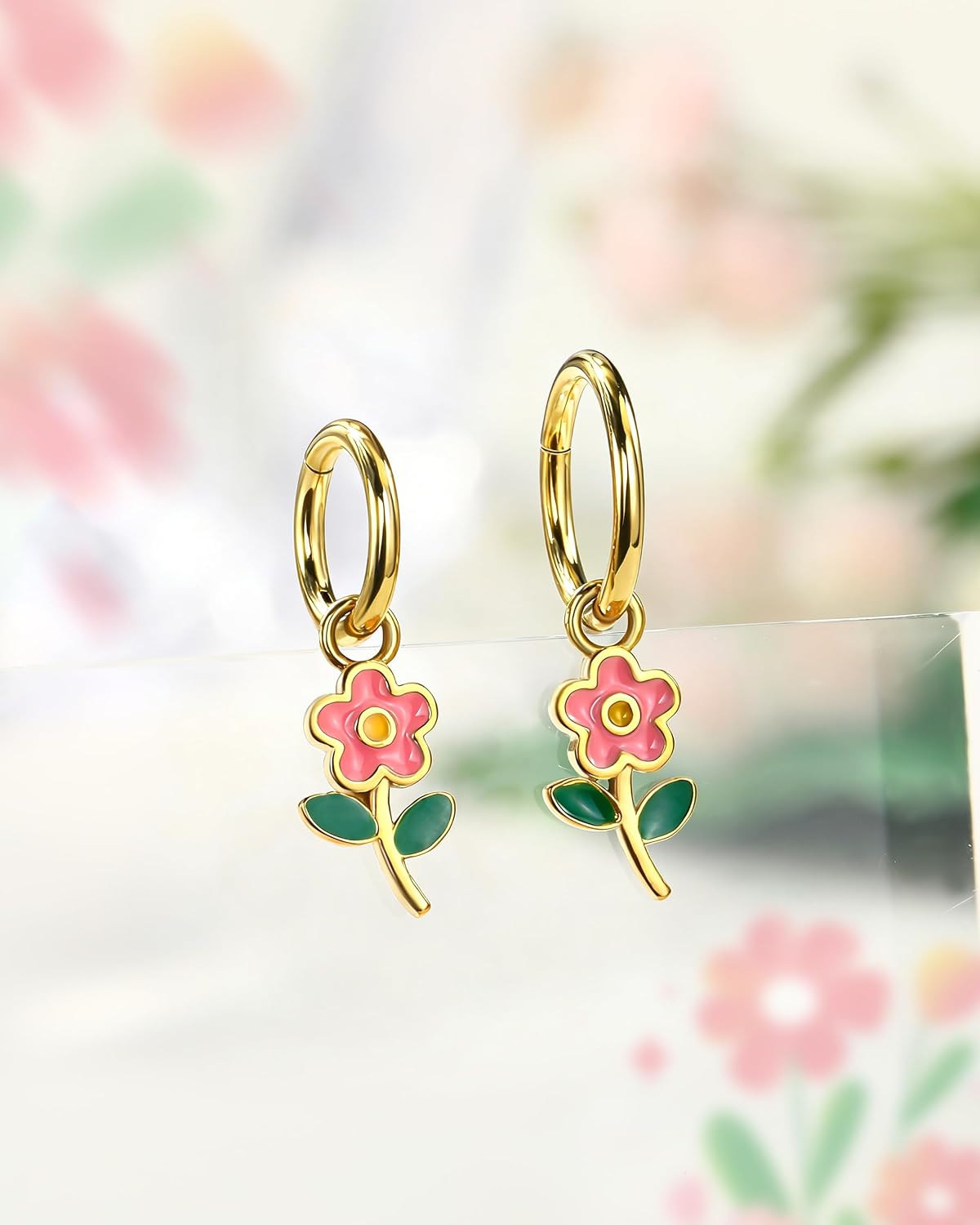 COCHARM 18K Gold Plated Rook Piercing Jewelry Clicker, 16G Flower Helix Lobe Earrings, Surgical Steel Rook Earrings 6/8MM