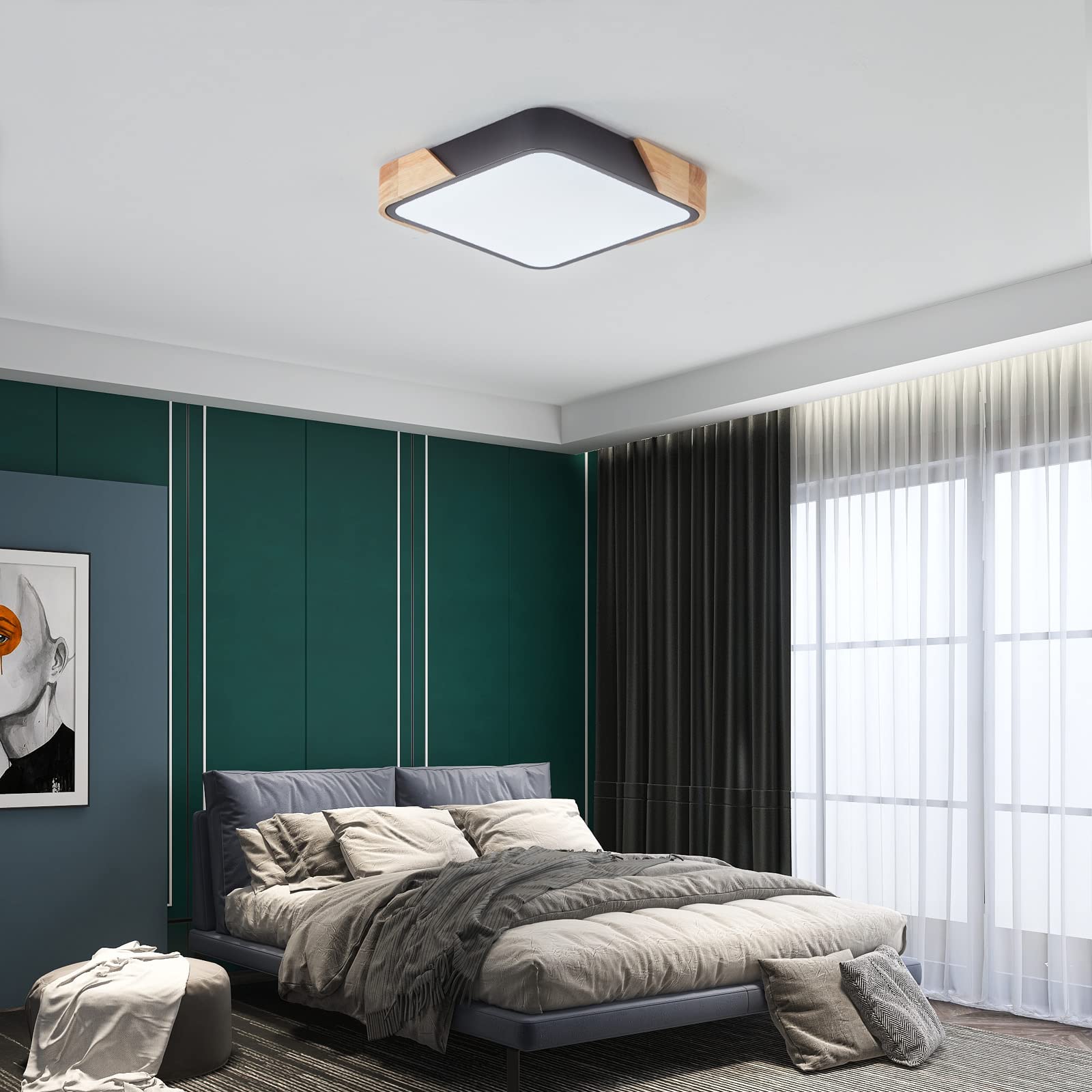 Plafonnier LED Carré Noir Bois 24W 6500K, 30 x 30 cm | Plafonnier moderne extra-plat, lumière blanc froid, pour cuisine, bureau, salon, chambre, couloir et salle à manger