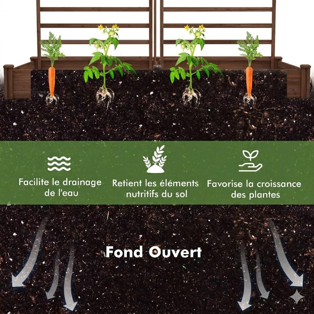 GOPLUS Huerto Urbano de Jardín Elevado con 3 Enrejados, Jardineras de Madera para Exteriores con Compartimentos Divididos para Flores, Verduras, Frutas, Fácil Montaje, 222 X 114 X 110 Cm (Marrón)