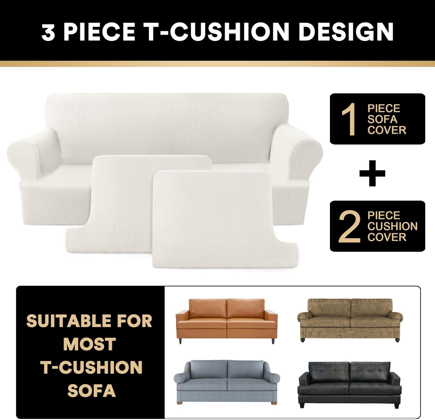 PrinceDeco T Cushion Loveseat Slipcover - 3 Pieces Sofa Cover for 2 Cushion Couch with 2 Individual T Shape Seat Covers Width Up to 76 Inch - Stretch, Machine Washable, Porcelain