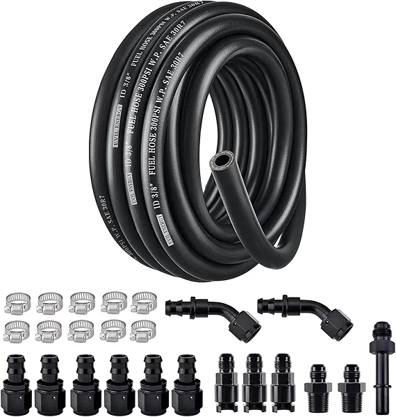 EVIL ENERGY 3/8 Fuel Line Kit 25FT, SAE 30R7 NBR Rubber Push Lock Fuel Hose with 14 Fitting Adapters and 10 Hose Clamps, 25PCS