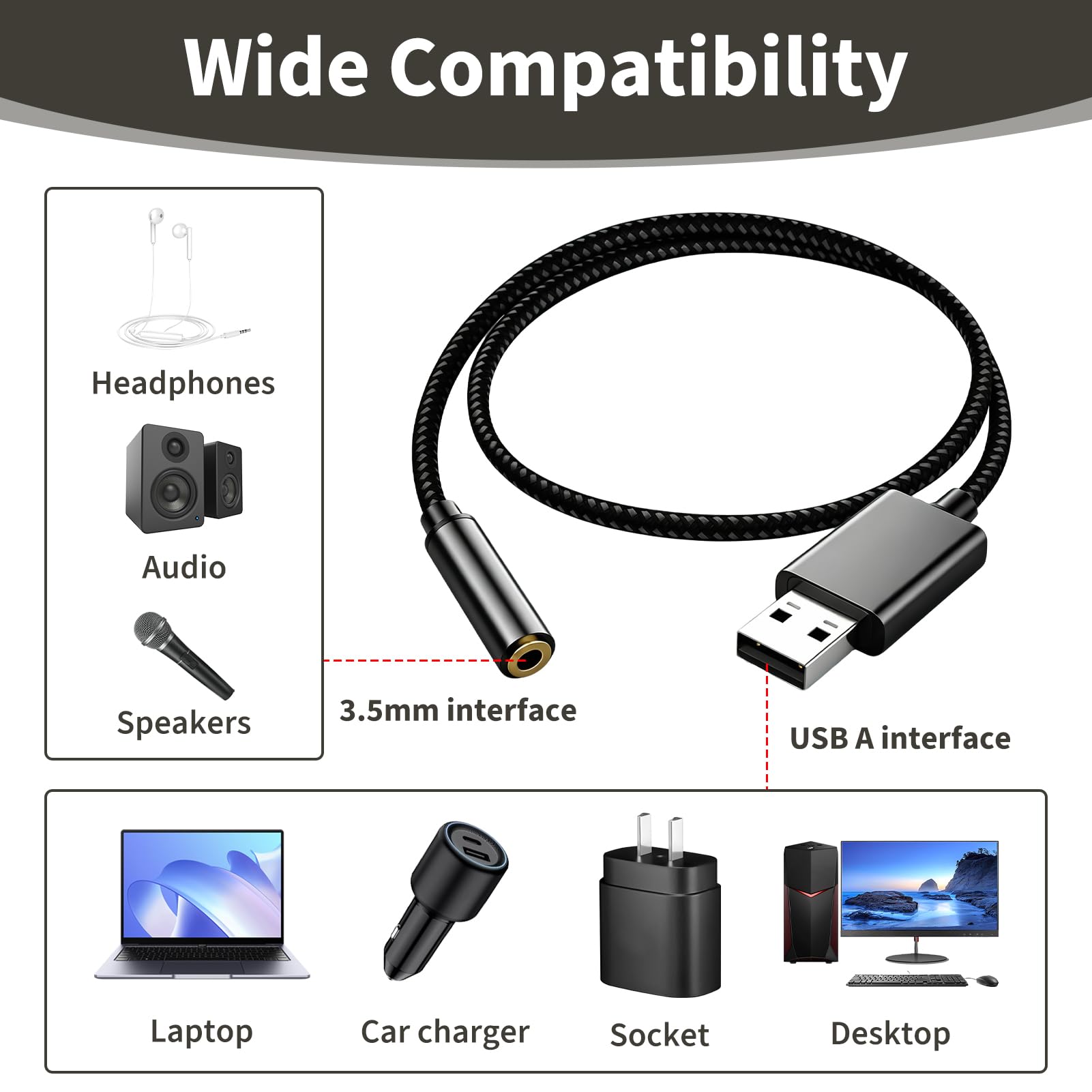 Tarjeta de Sonido Externa USB, Adaptador Audio USB Adaptador a Jack 3,5mm Audio Estéreo con Micrófono Convertidor Auxiliar USB a TRRS/TRS Auriculares PC Laptop Linux Streaming Juegos 0,5 m Negro