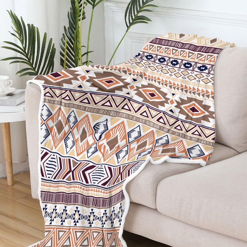 Boho Aztec Throw Blankets - Beige Orange Boheiman Throws Printed Flannel Geometric for Couch, Western Decorative Farmhouse Aztec Southwest Native Tribal American Blanket for Bed, 50X60in