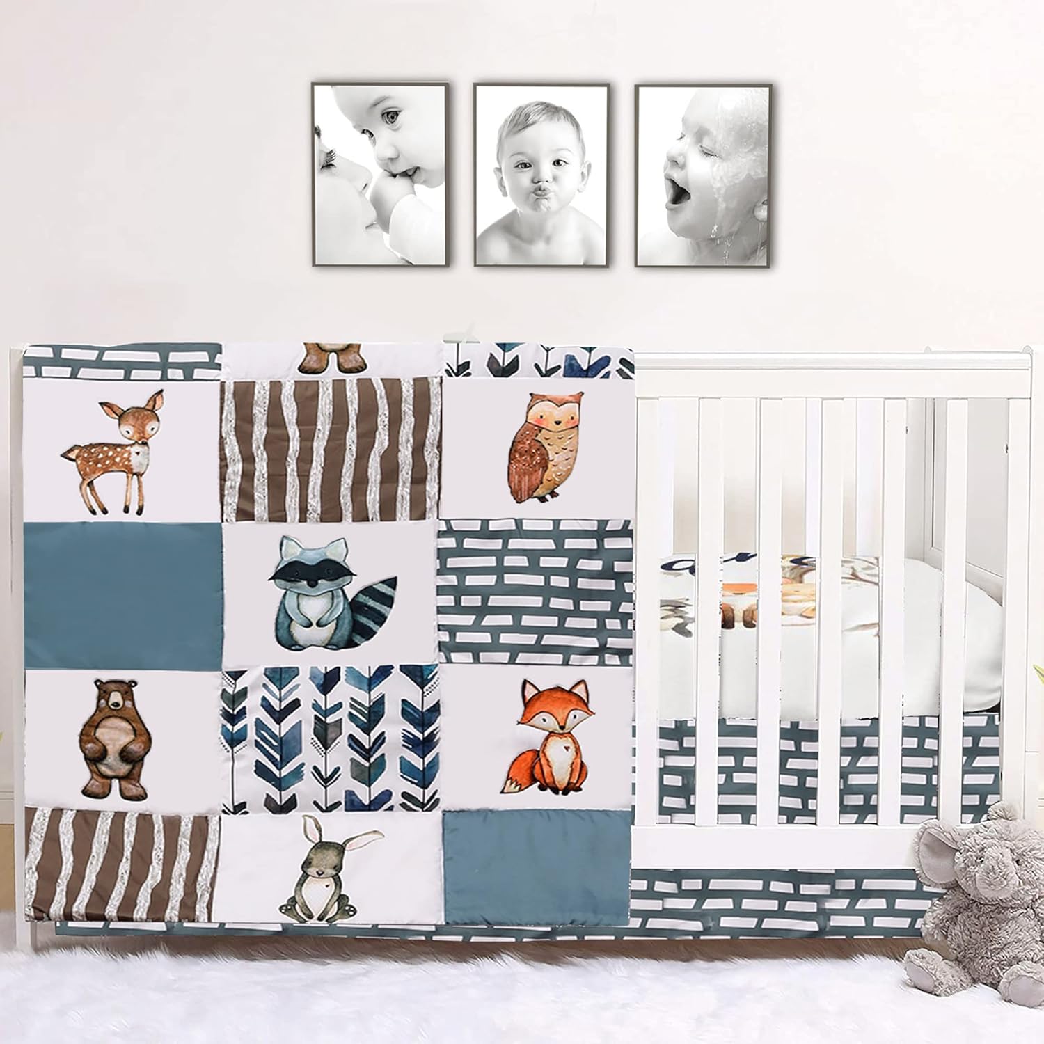 PINNKKU 3Piece Woodland Forest Animals Crib Bedding Set, Crib Bedding