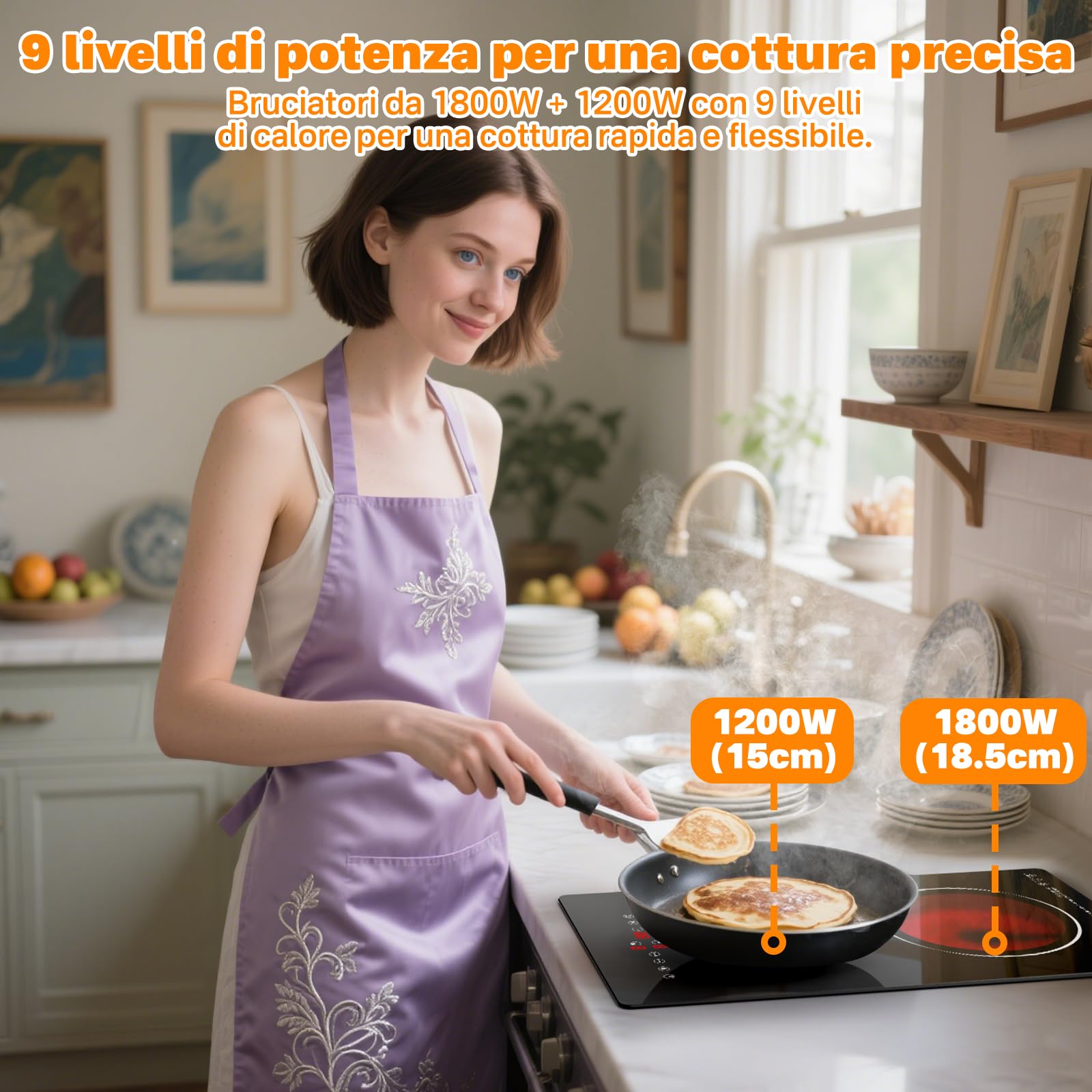 Piano Cottura Elettrico 2 Fuochi 3000W, Incasso o Appoggio | Fornello Elettrico 2 Piastre in Vetroceramica con Controllo Touch, 9 Livelli, Timer, Blocco di Sicurezza