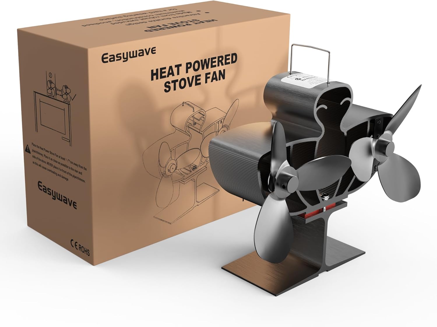 Easywave Wood Stove Fan Heat Powered, Dual Motors Heat Powered Fireplace Fan Non-Electric for Wood/Log Burning Stove Pellet/Gas Burner, 6 Blades Silent Thermal Fan W/Stove Accessories Thermometer