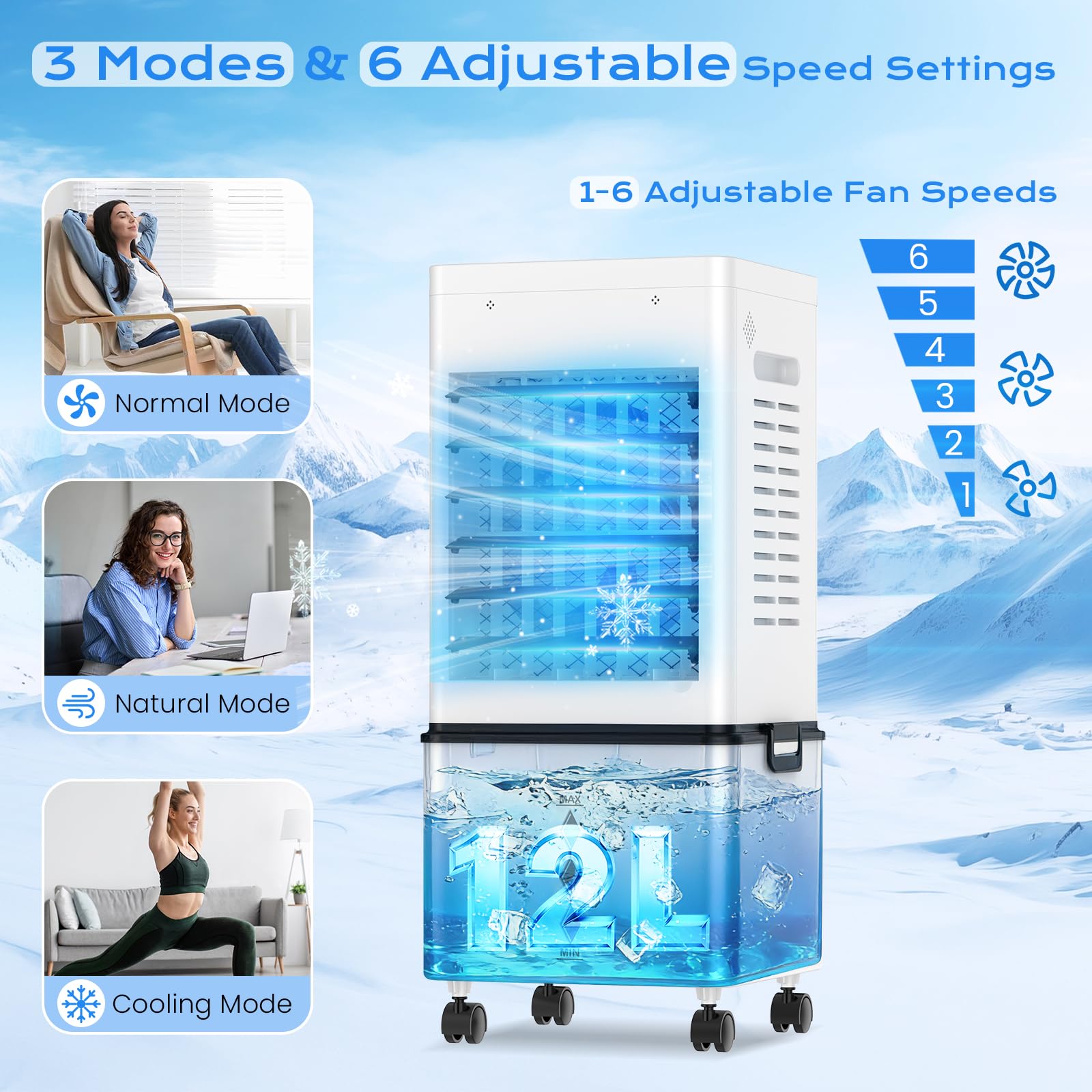 Klimaanlage Mobil 45W, 3-seitiger Klimaanlage Ohne Abluftschlauch, 6 Modi, 12L Abnehmbarem Tank, 60/120° Oszillation, 24h Timer, Leise, Fernbedienbar, Verdunstungskühler für Zuhause Schlafzimmer