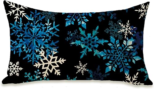 Funda de almohada rectangular decorativa con diseño de copo de nieve de invierno de 12 x 20 pulgadas, color negro y azul, para porche, patio,