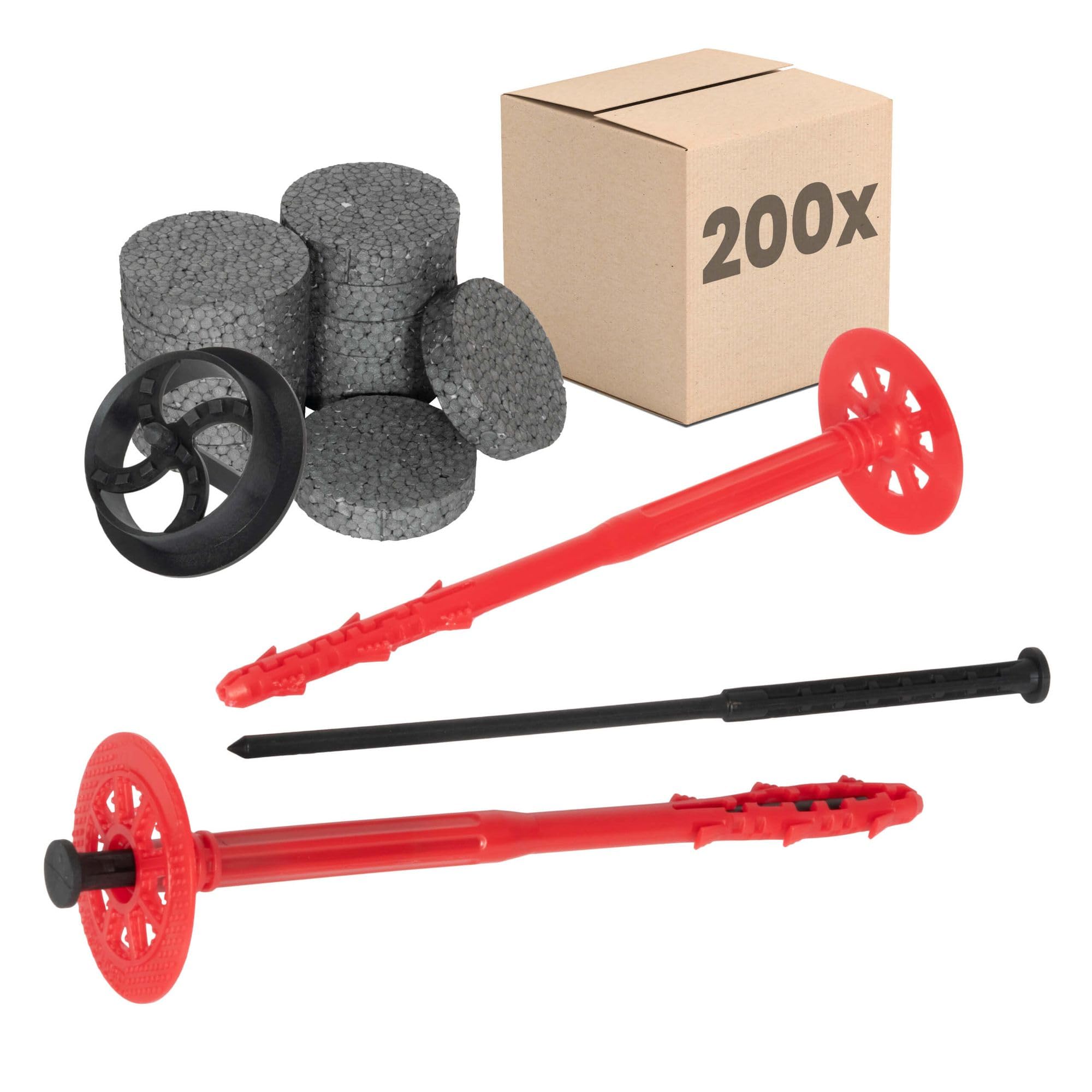 PROTEKTOR Kołki do ociepleń Ø10x200mm z plastikowym gwoździem (200 sztuk + 200 kółek + 1 otwornica) do fasad i systemów ociepleń WDVS, ETICS izolacji elewacji, kołki termiczne z certyfikatem ETA