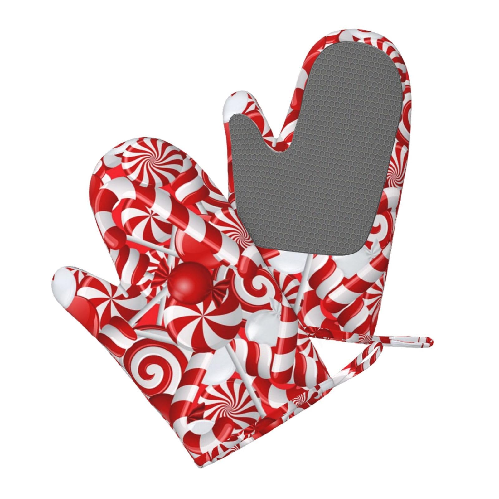 Silicone Oven Mitts Set 2PCS, Candy Canes Printed Heat Resistant Non-Slip Silicone Oven Gloves for Kitchen Cooking Baking Microwave