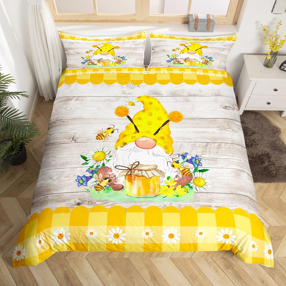 Erosebridal Cute Bee Gnome Queen Comforter Cover for Kids Boys Girls,Yellow Kawaii Spring Gnome Duvet Cover,Farm Honeycomb Honey Can Quilt Cover,Cartoon Dwarf Daisy Floral Bedding Set Room Decor,3Pcs