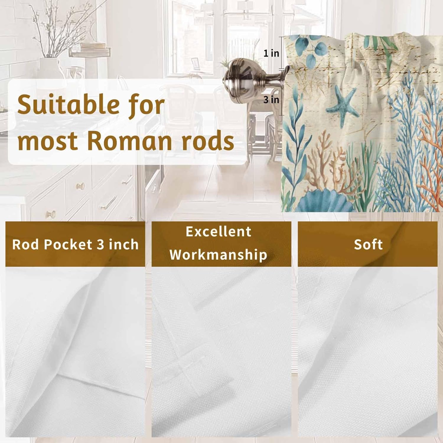 2 Pack Valances for Window, Teal Blue Coastal Short Curtains for Kitchen Bedroom Living Room, Summer Beach Starfish Shell Coral Nautical Retro Window Treatment Valance Drapes 42x18 Inch