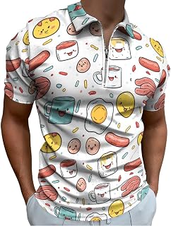 Coffee Mugs Bacon Strips Fried Egg Breakfast Mens Polo Shirts Short Sleeve Zippered Golf T-Shirt Summer Tee Top