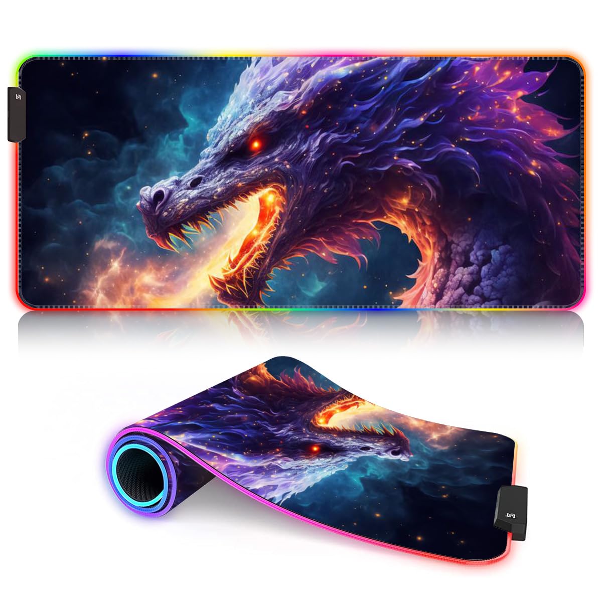 Tappetino per mouse RGB Gaming XXL, grande LED, 7 colori e 4 modalità di effetto, fondo in gomma antiscivolo, per MacBook PC anziano Dragons Galaxy 15,7 x 35,4 pollici