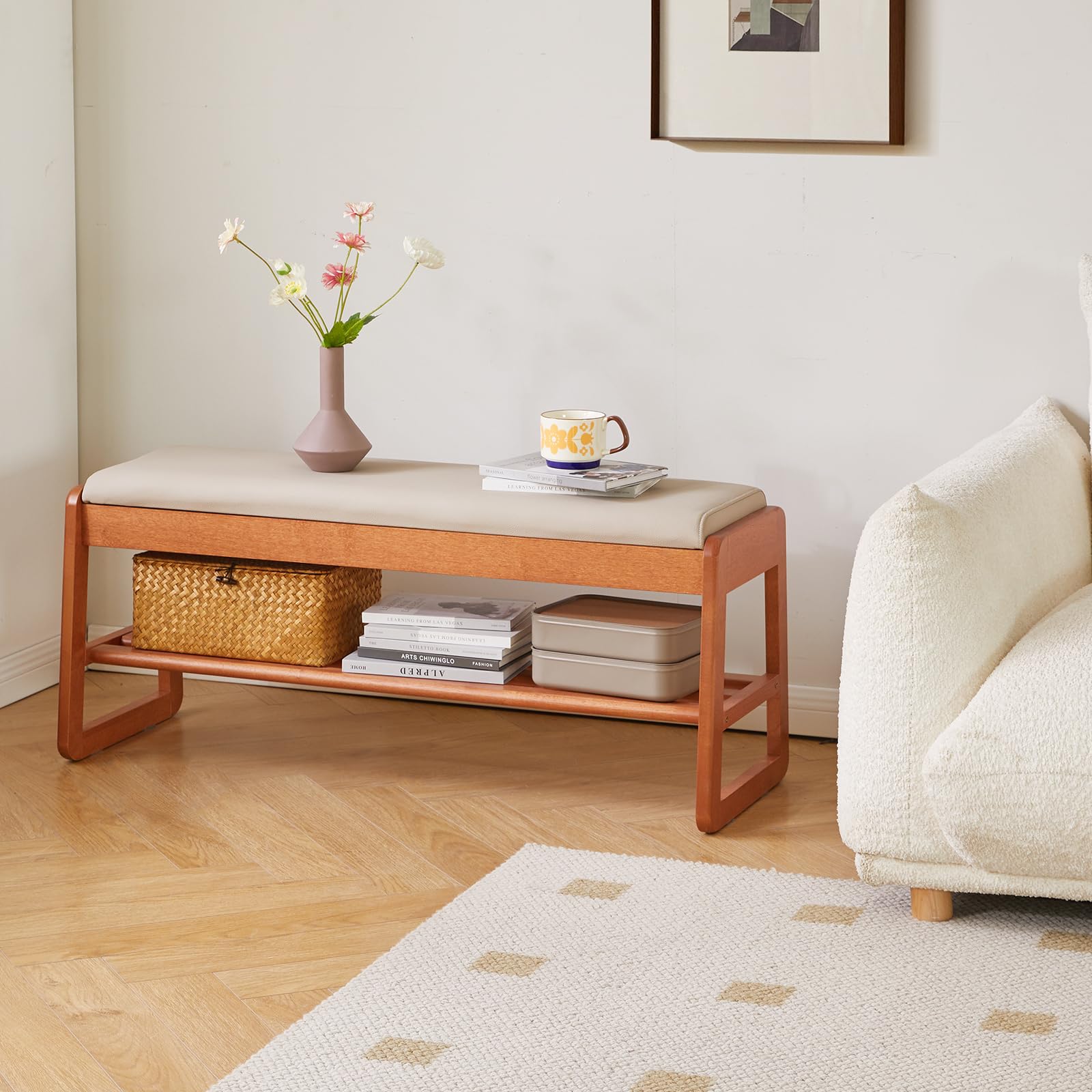 Aibiju Schuhbank mit Kissen, Aufbewahrungsbank mit gepolsterter Sitzfläche, 100 cm Schuhregal für Eingangsbereich, Wohnzimmer, Flur, Schlafzimmer, Kirschholzfarbe YD-WD062C