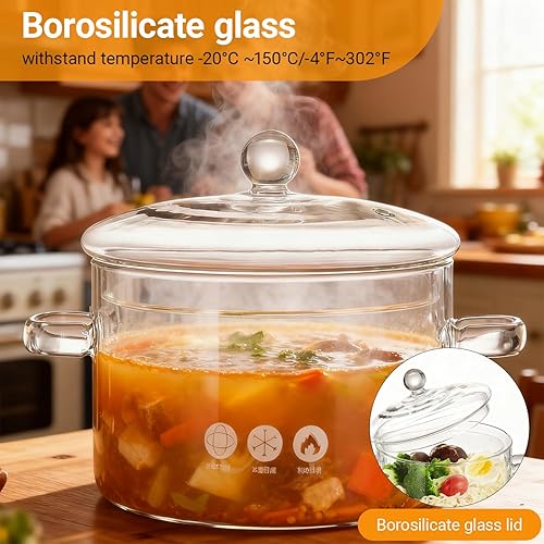 Miniatura 4 de Ollas de cocina de vidrio, 64 oz64.2 fl oz con tapas cacerola con tapa, olla a fuego lento, hecha a mano, vidrio de borosilicato resistente al