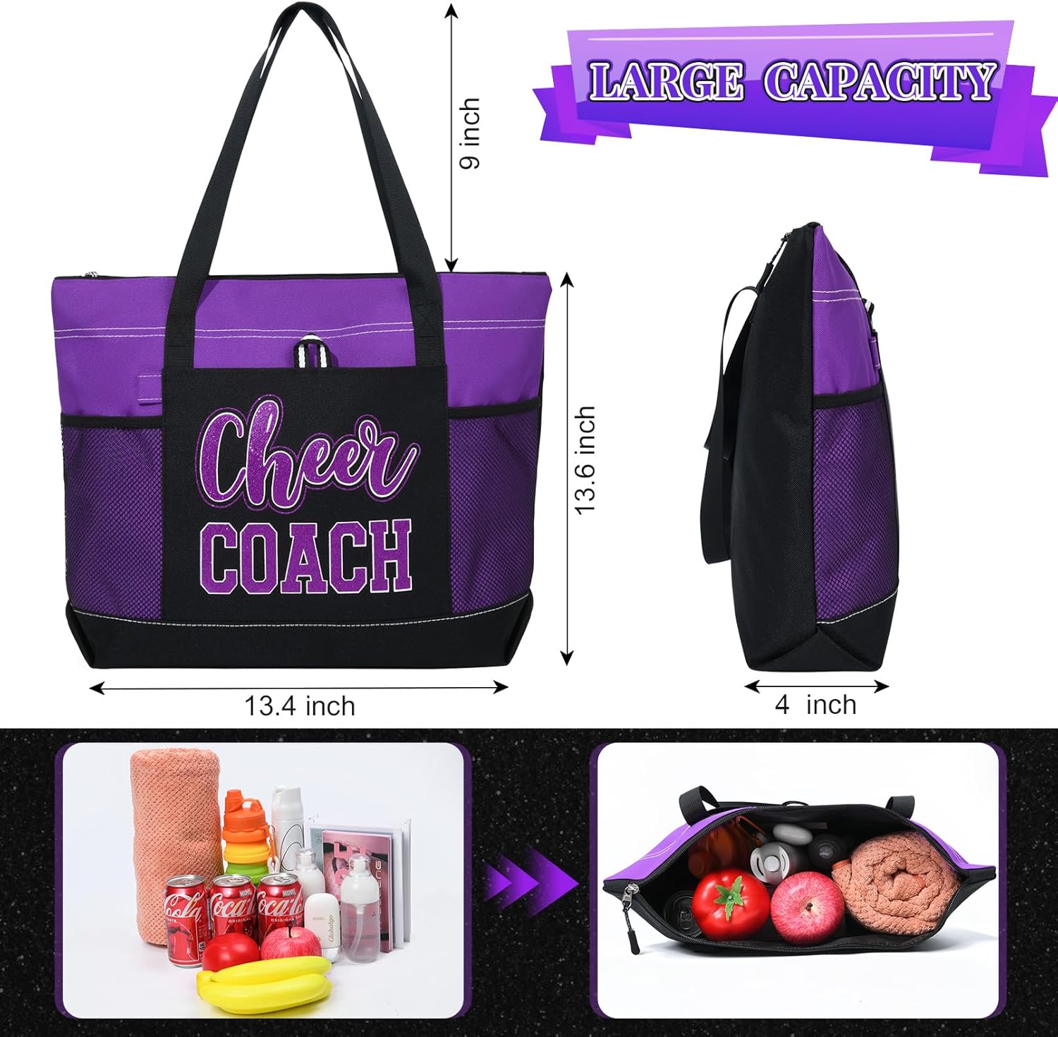Aileam Cheer Coach Tote Bag for Cheerleaders Cheerleading Coach Gift Large Canvas Cheer Bag with Zipper Reusable Shopping Bag for Cheerleader Cheer Stuff Organizer for Girls Coaches - Image 4