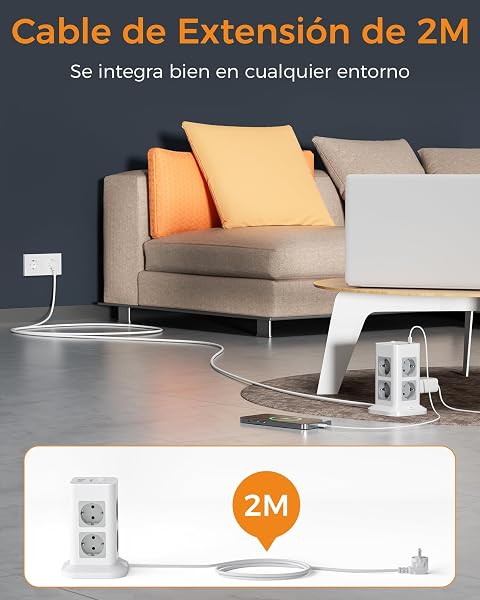 TESSAN Regletas Enchufes Proteccion Sobretension 8 Tomas con 1 USB A y 2 USB C, Torre Regleta Vertical con Interruptor, Alargador Enchufe 2 Metros, Torre Multiple 3600W para Mesa, Oficina, Casa - 5