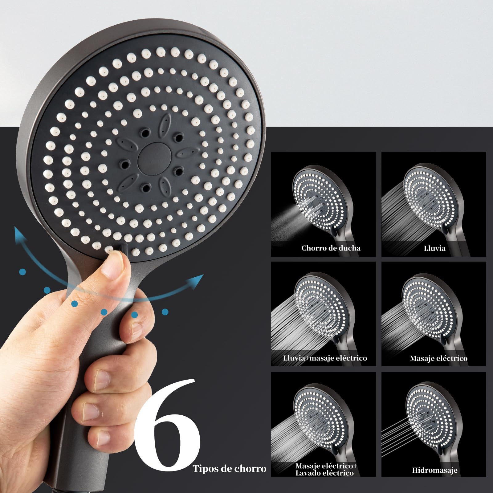 OFFO Soffione Doccia con Tubo,Flessibile da 1,6 m, con 6 Modalità Di Spruzzo,Soffione Doccia Grande con Tubo a Risparmio Idrico,Doccino per Doccia con Tubo a Mano per Il Bagno,Nero Cromo