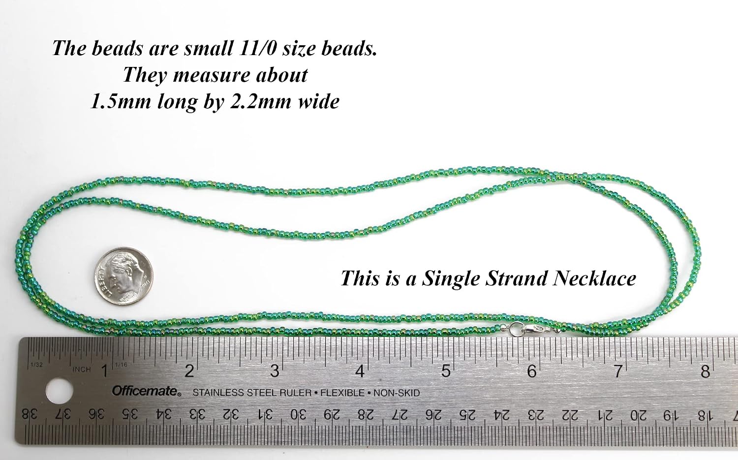 Handmade Transparent Rainbow Emerald Green Seed Bead Necklace, Thin 1.5mm Single Strand