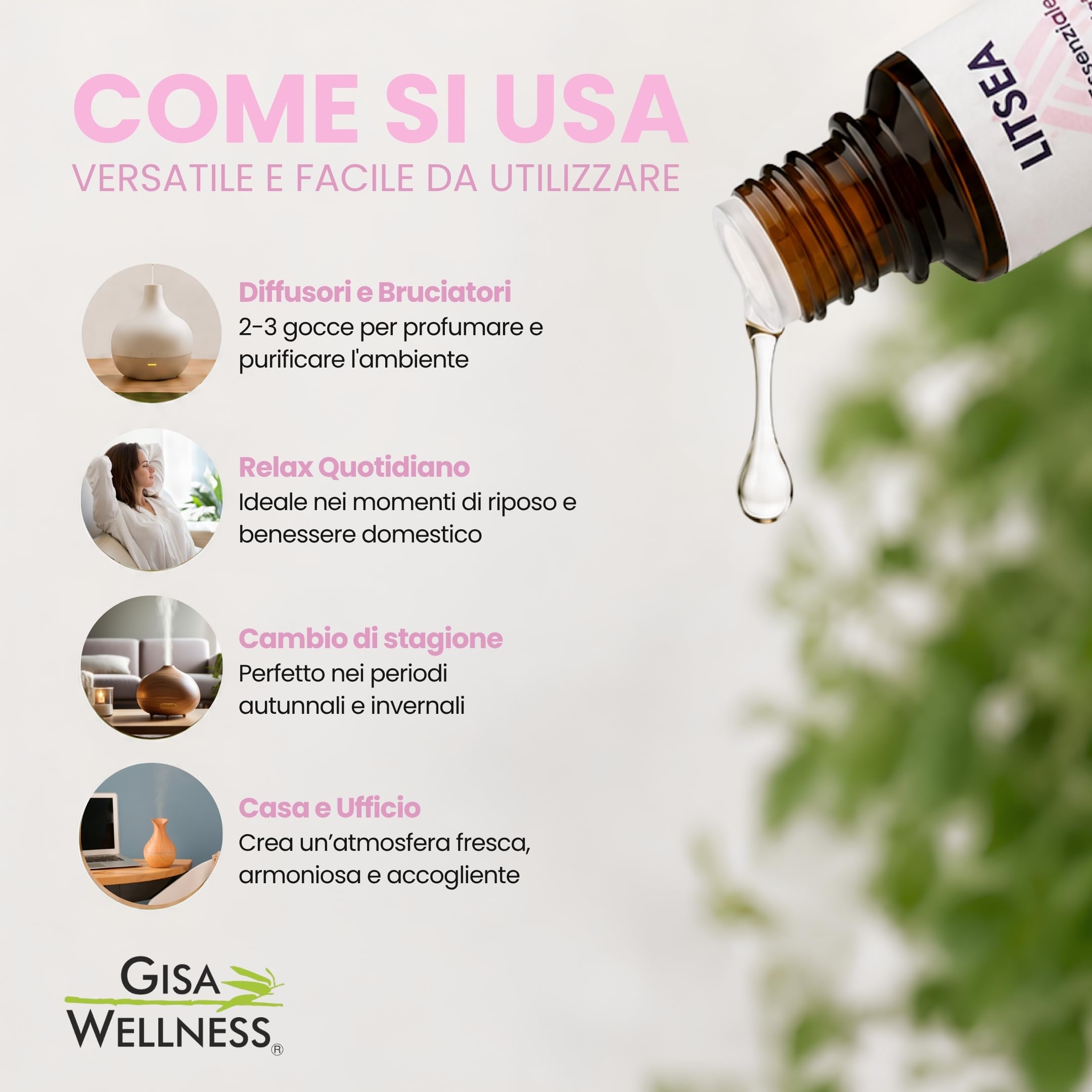 Olio Essenziale di Litsea Convenzionale Profumo Ambiente 10ml, 100% Naturale e Puro, Olio di Litsea Cubeba per Aromaterapia e Diffusori, Made in Italy