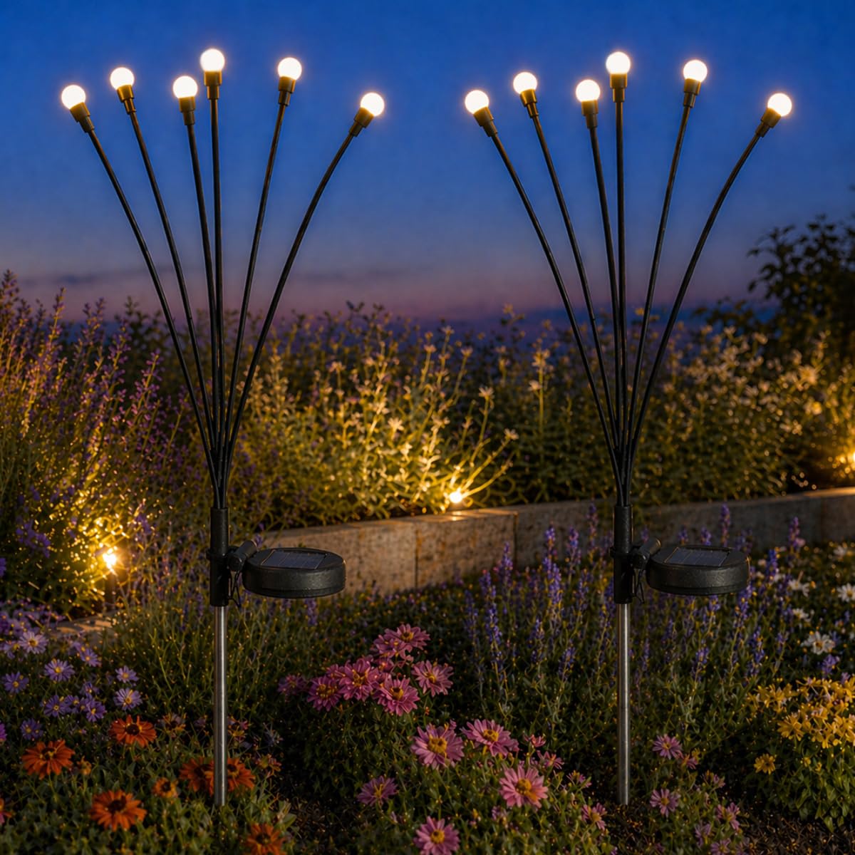 Pack of 2 Solar Berry 6 Stem LED Outdoor Garden Swaying Pathway Stake Lights