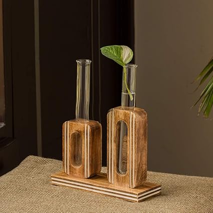 ExclusiveLane Blooming Glass Upright Cuboids Handcrafted Glass Planter Tubes with Wooden Holder Table Top Planter Set for Living Room & Test Tube Planters for Home Decor (13 Inch)