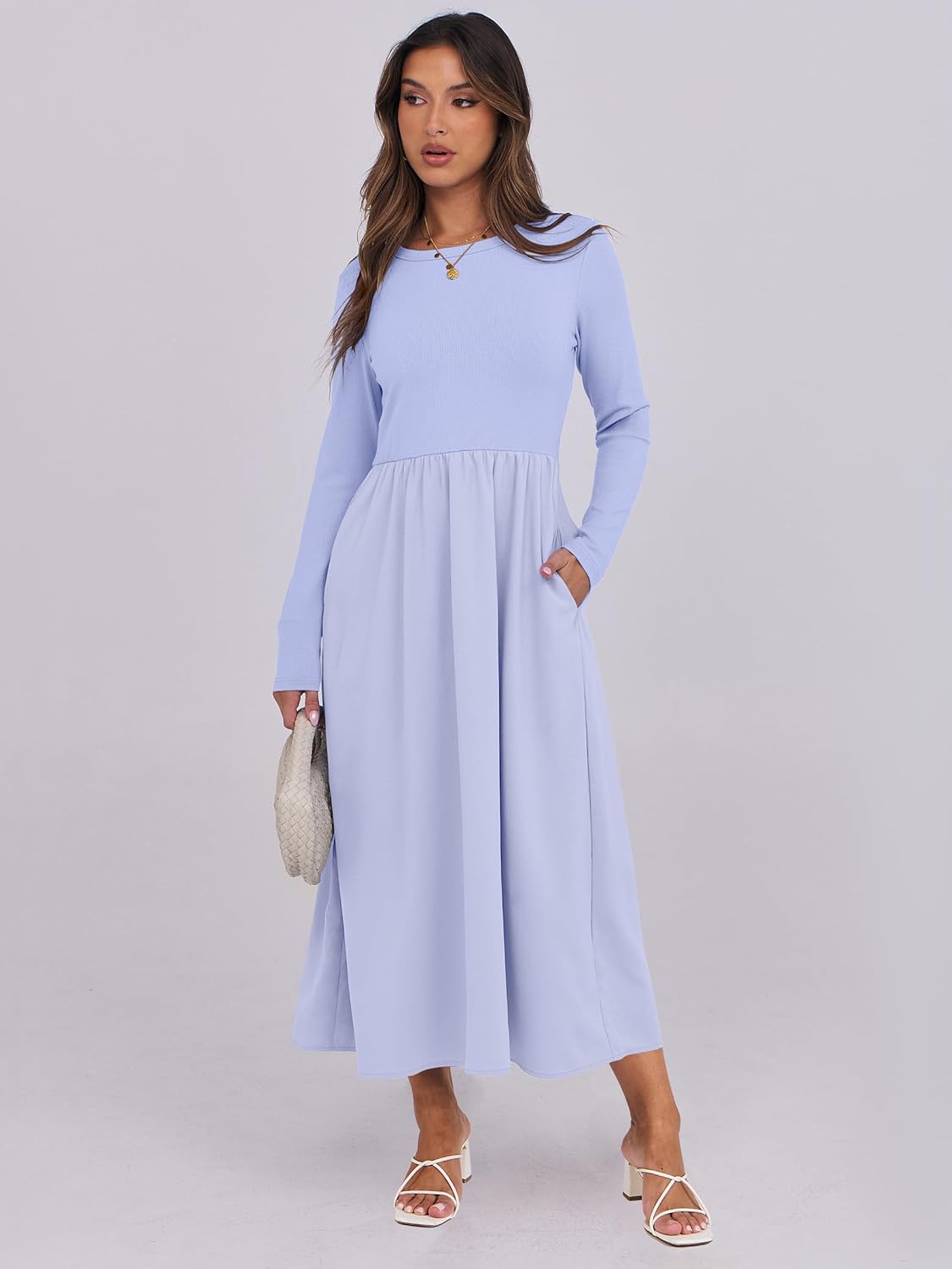 ANRABESS Long Sleeve Midi Dresses for Women 2025 Fall Fashion Casual Rib Knit Patchwork Tight Top Modest Flowy Dress Pocket - Image 2