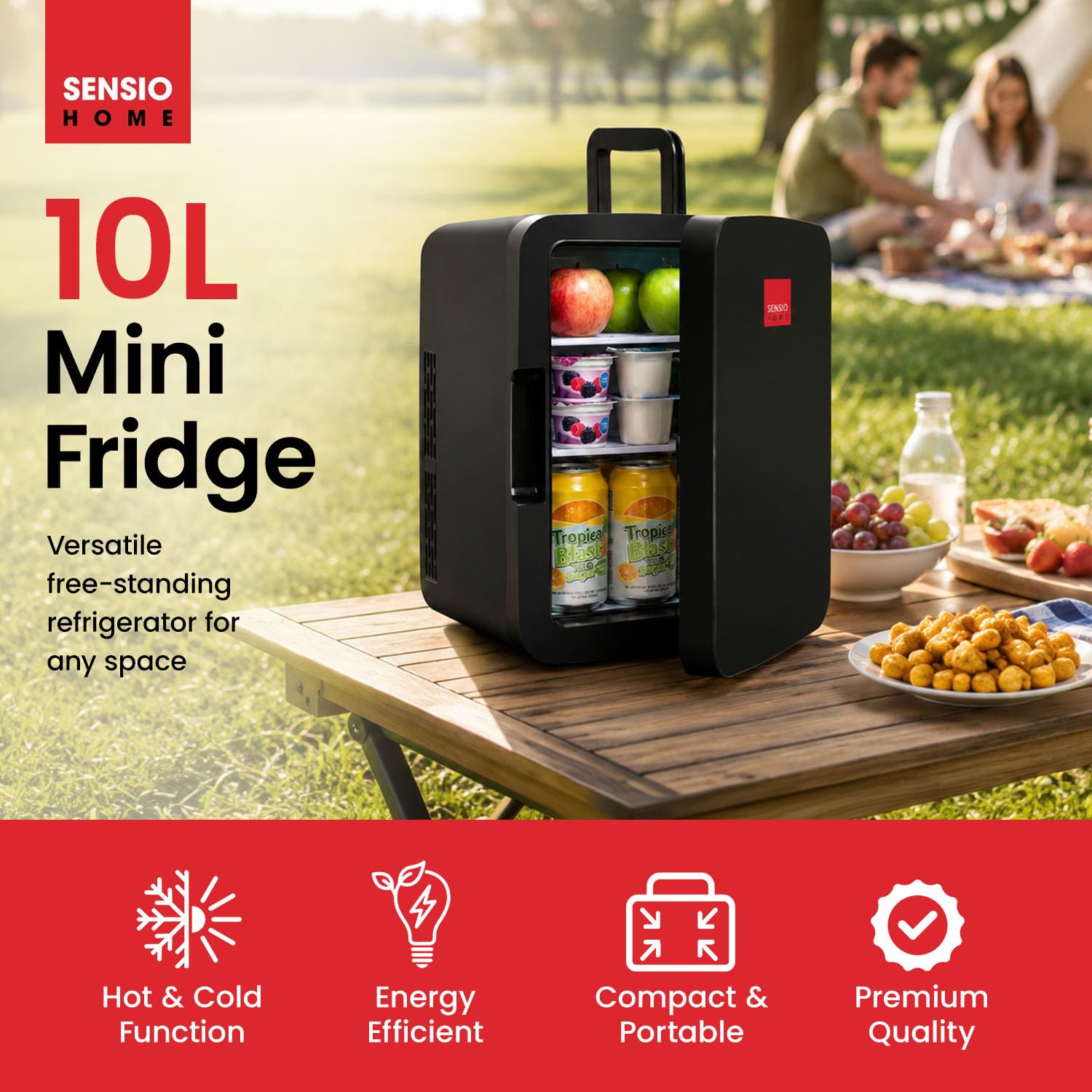 SENSIOHOME 2-in-1 10L Mini Kühlschrank, mit Kühl- und Heizen funktion, 12 Volt und 230 Volt, Autos, Schlafzimmer, Büros, Zelten, Kosmetik, AC DC (Schwarz)