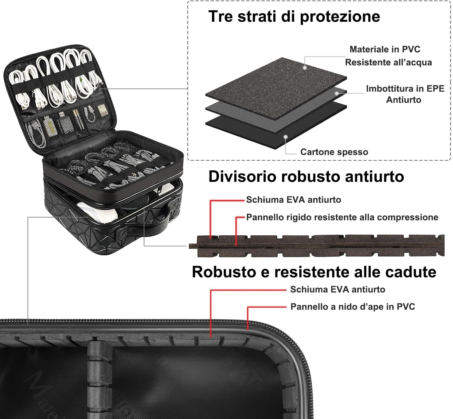 MATEIN Borsa Porta Cavi da Viaggio Grande, Organizer Cavi a Doppio Strato con Divisori Rimovibili, Impermeabile e Antiurto, per Caricabatterie, Power Bank e Accessori Elettronici, Nero