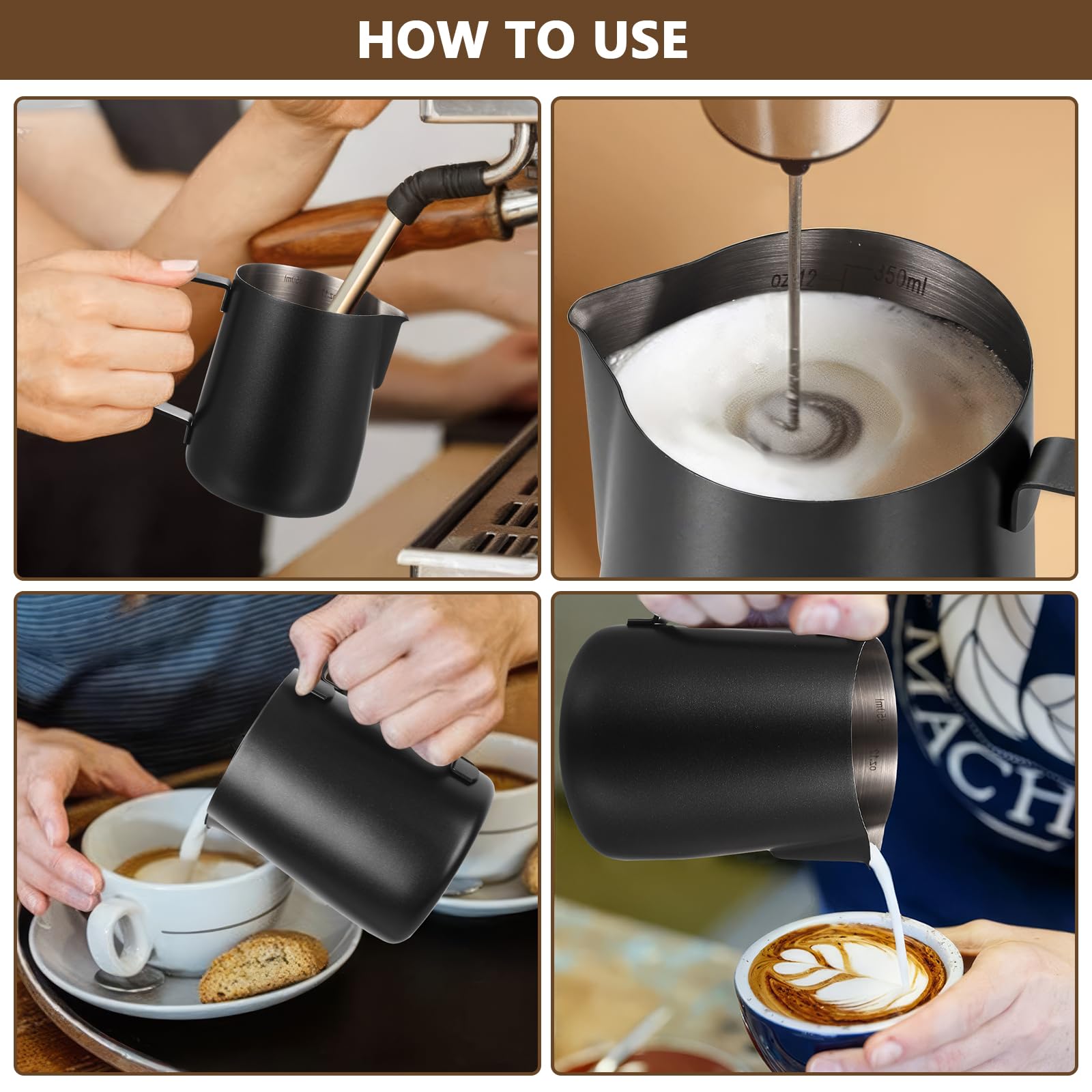 350ml Edelstahl Milchkännchen Barista Zubehör, Milchkanne Edelstahl Milchschaumkännchen, Milchaufschäumer Kanne, Aufschäumkännchen, Milchschaum Kanne, Espresso Kaffeezubehör, mit Latte Art Pen