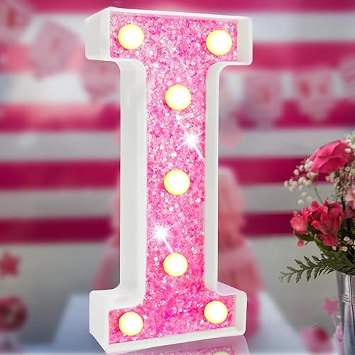 Letras con luces LED de marquesina iluminadas de color rosa con purpurina, letras del alfabeto rosa que funcionan con pilas, para bodas, niñas, disponible en Yaxa Colombia