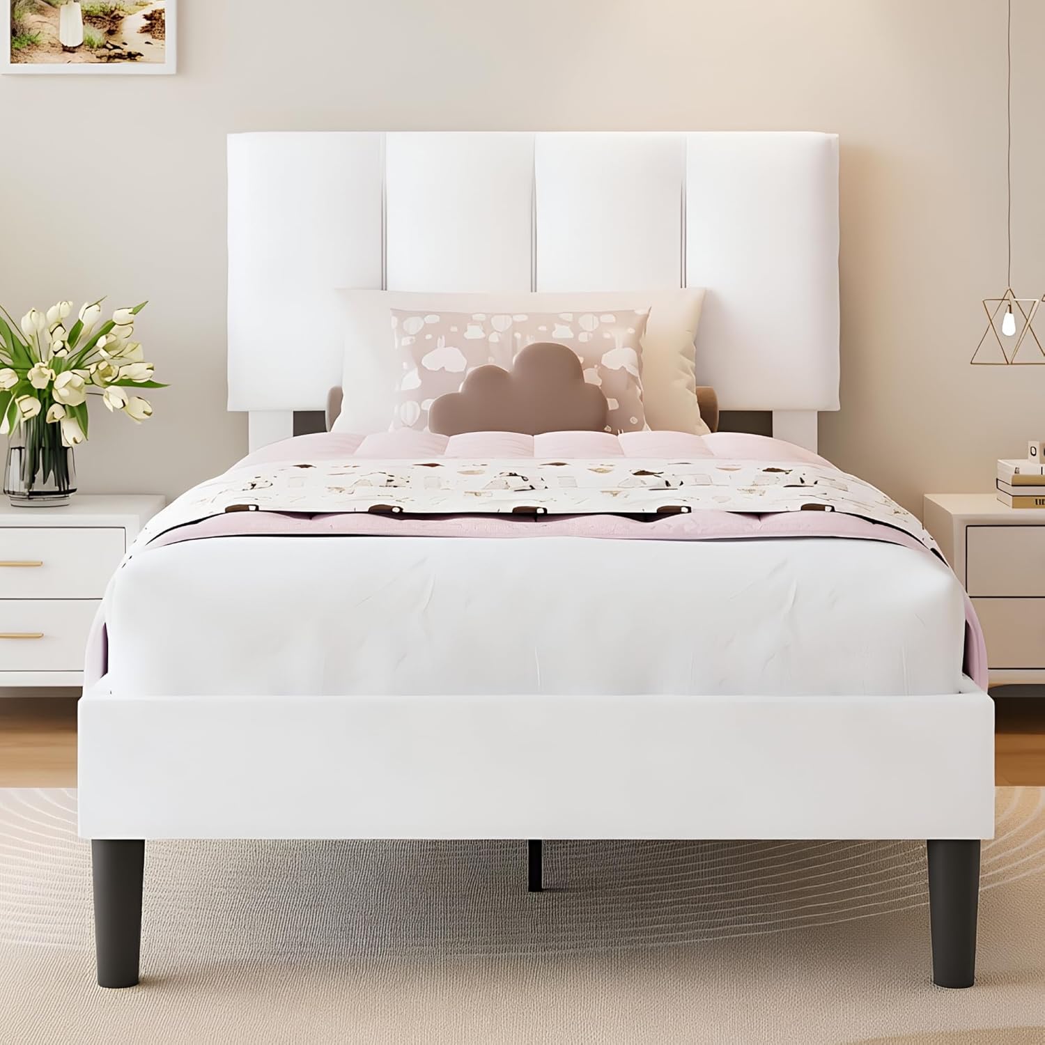 VECELO Twin Size Bed Frame with Upholstered Headboard, Heavy-Duty Bedframe with Wooden Slats & Steel Framework, Easy Assembly, Pure White