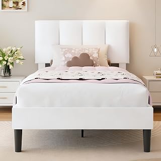 VECELO Twin Size Bed Frame with Upholstered Headboard, Pure White