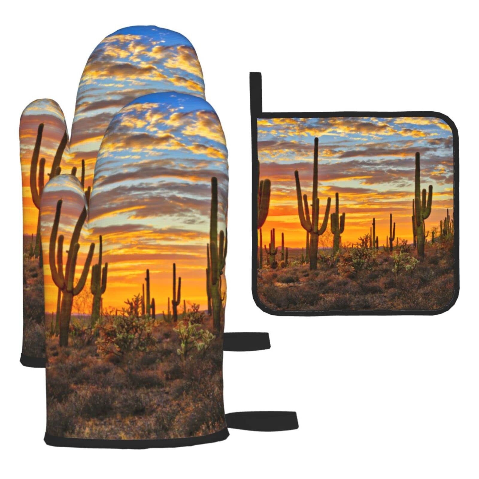 Sunset Cactus in Desert Printed Kitchen Baking Three-Piece Heat-Resistant Thick Cotton Oven Gloves for Cooking and Baking.