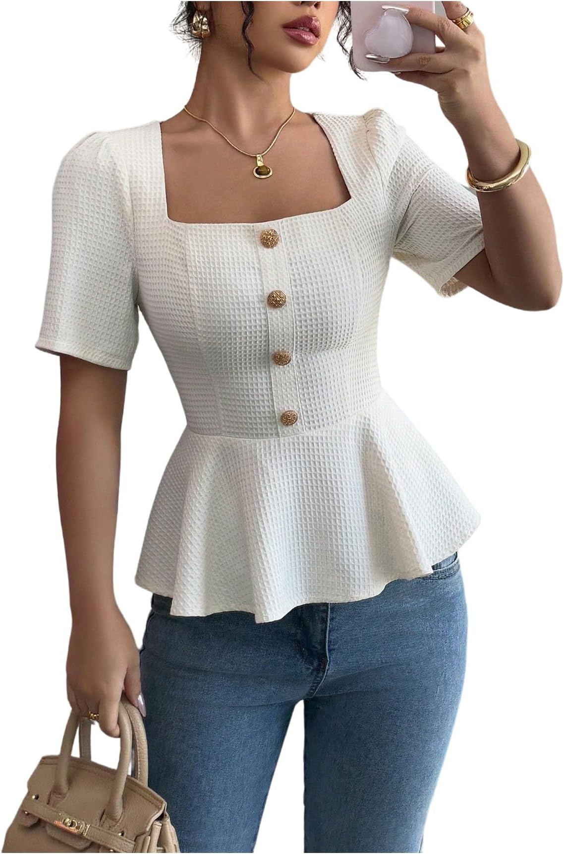 Women's Elegant Summer Blouse Top Short Sleeve Ruffle Hem Peplum Work Shirts