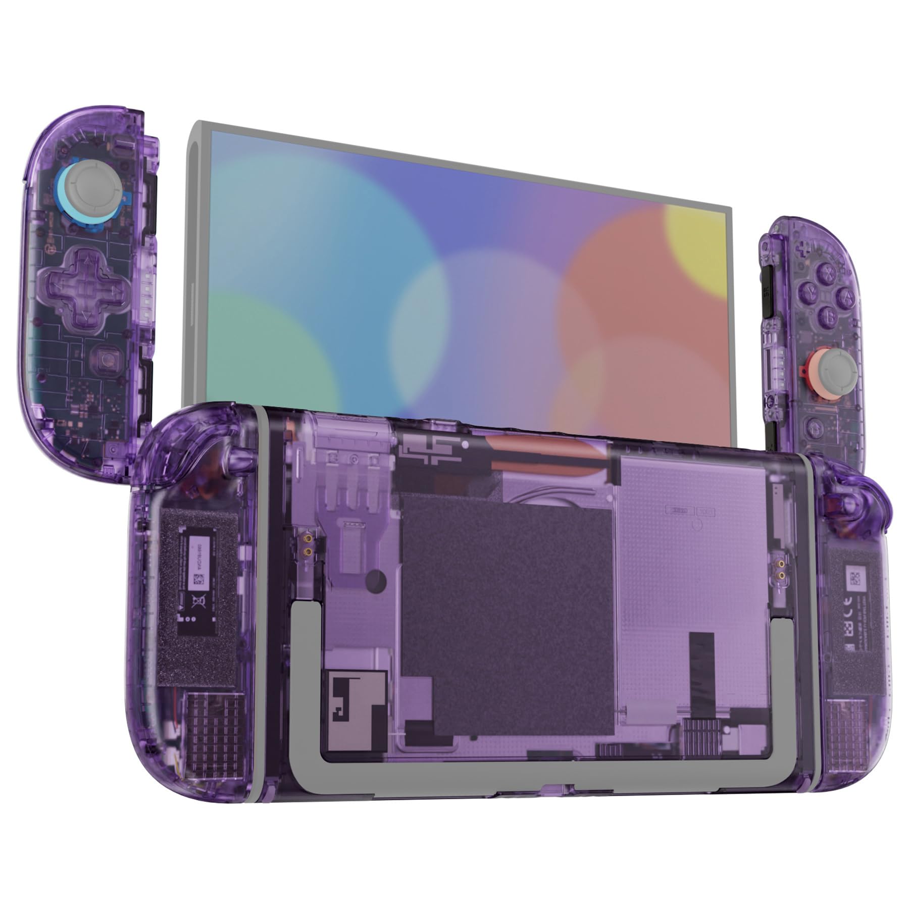 eXtremeRate Cover per Nintendo Switch 2, Custodia Ricambio per Joycon con Set Completo di Tasti, Accessorio per Switch 2, Senza Joycon e Console(Dpad Versione) - Trasparente Viola Atomico