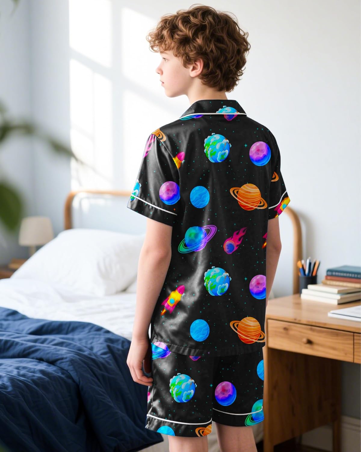 PASHOP Boys Pajamas Boys Satin Pajamas Set Summer Short Sleeve Button-Down & Shorts Pjs Kids Boy Silky Pajama Size 8-14 - Image 3