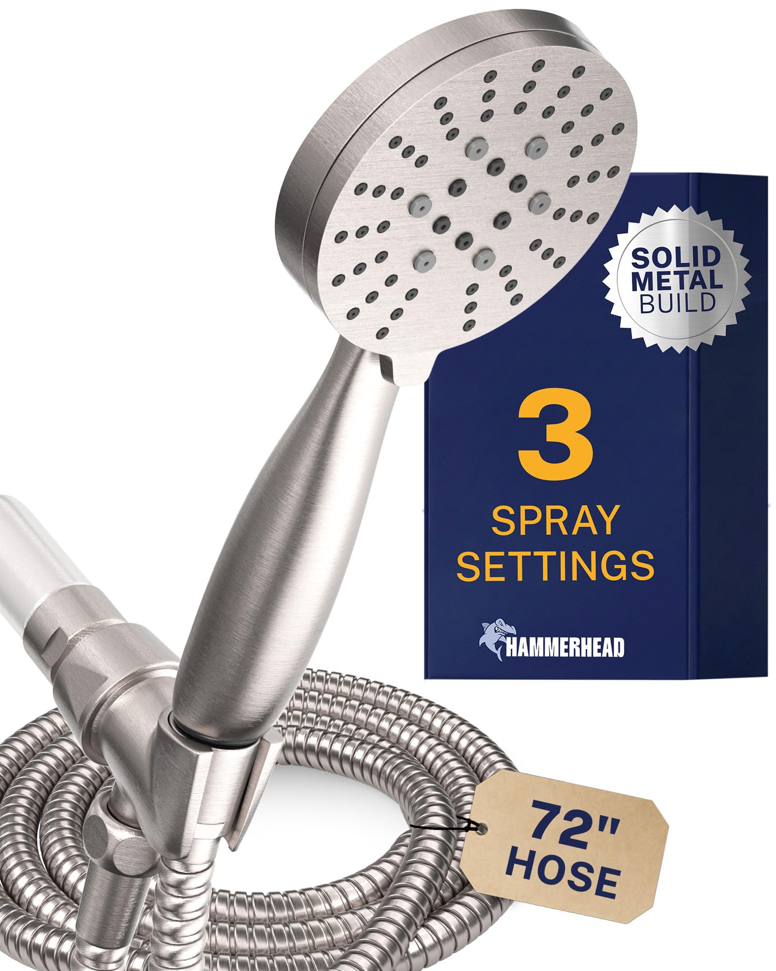 HammerHead Showers® Solid Metal 3-Spray Handheld Shower Head with Long Hose and Holder - BRUSHED NICKEL - 2.5 GPM High Pressure Shower Head with Handheld Sprayer - WIDE, MASSAGE, and MIST Sprays