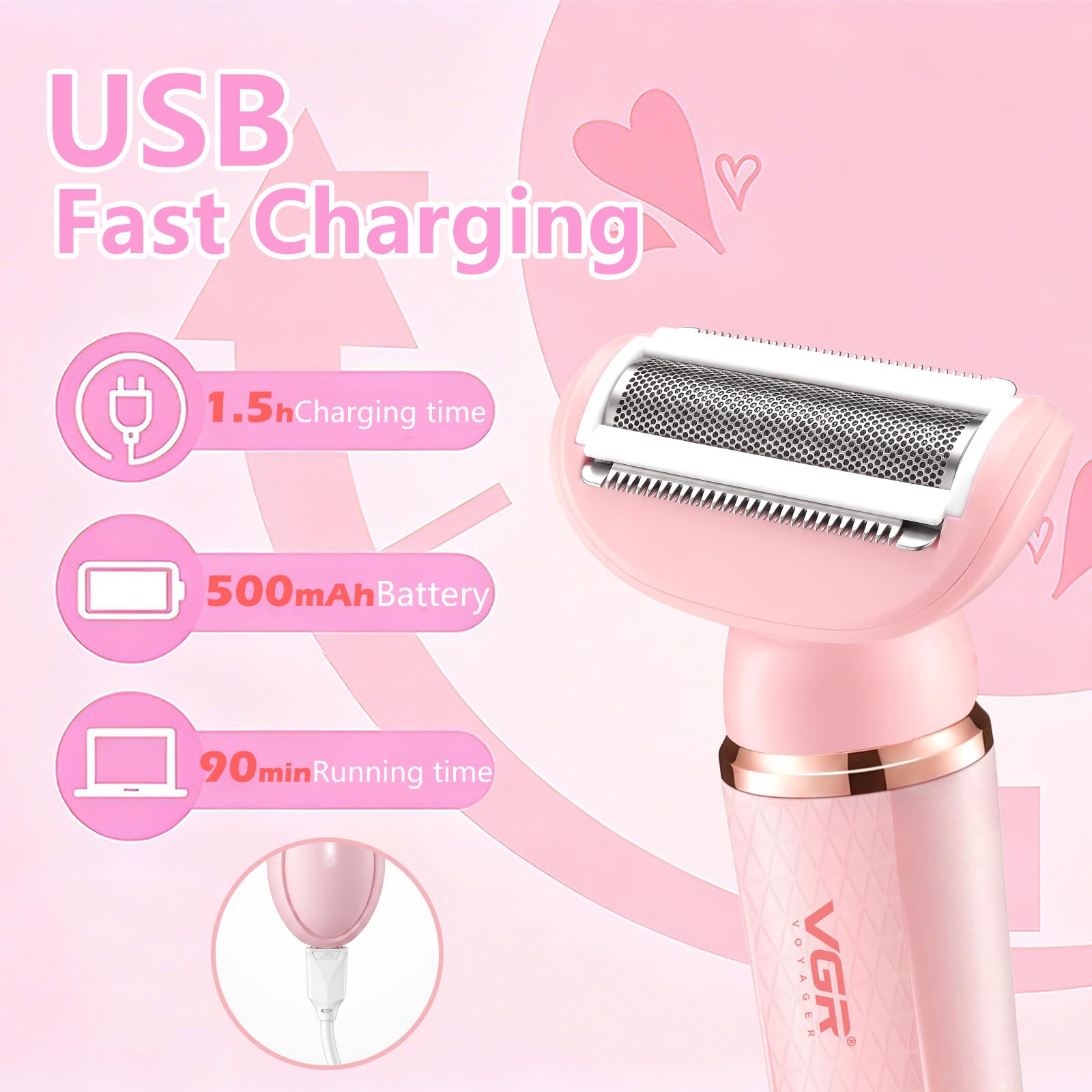 VGR 761 Epilatore Donne, 4 in 1 Rasatore Intimo Senza Fili per Donne, Rasoio Elettrico Femminile e Epilatore Viso, Rasoio Elettrico per Gambe, Viso, Corpo e Ascelle, Rosa